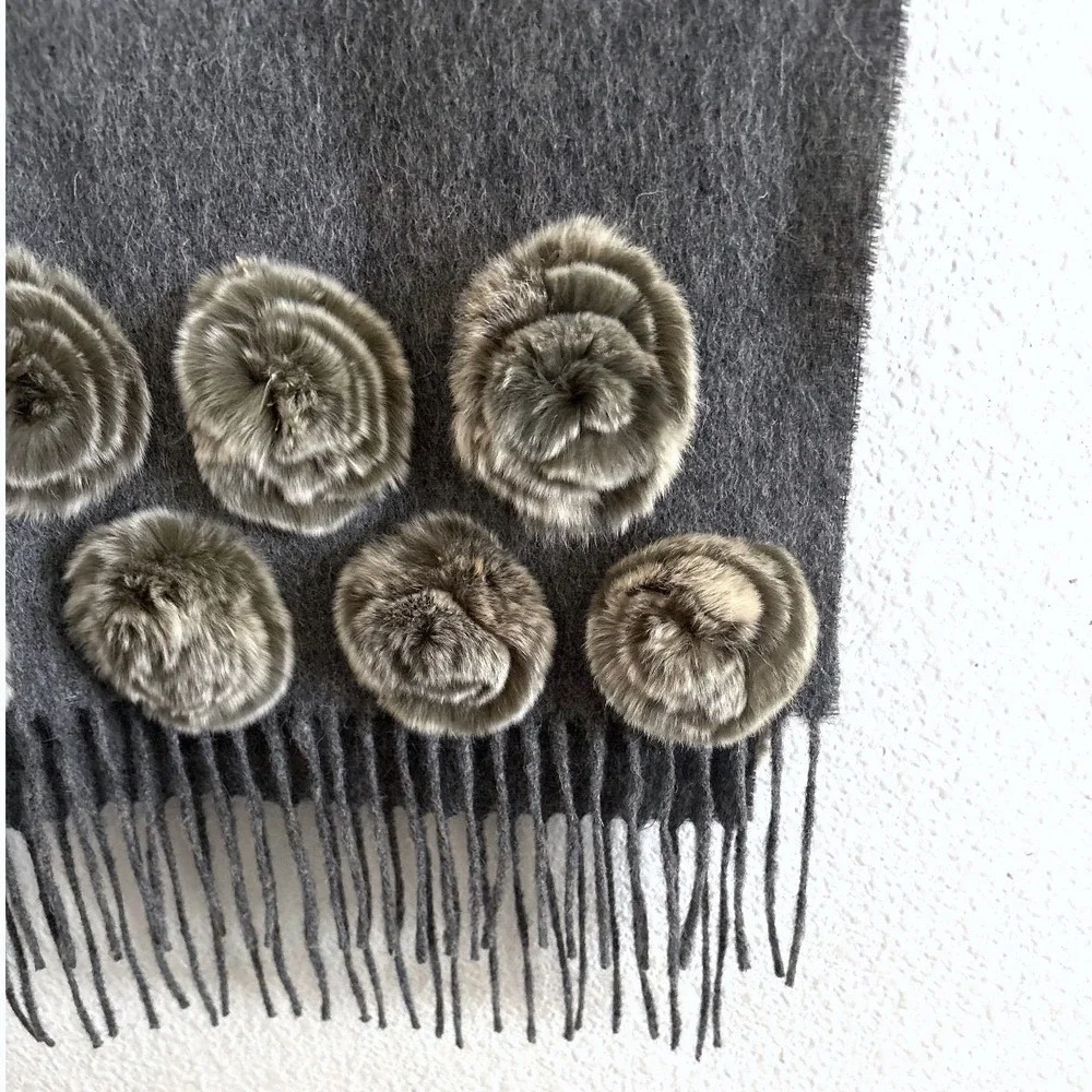 Chanel Scarf Gray Quiet Luxury Wool Floral Applique Fringe Old Money Mob Wife